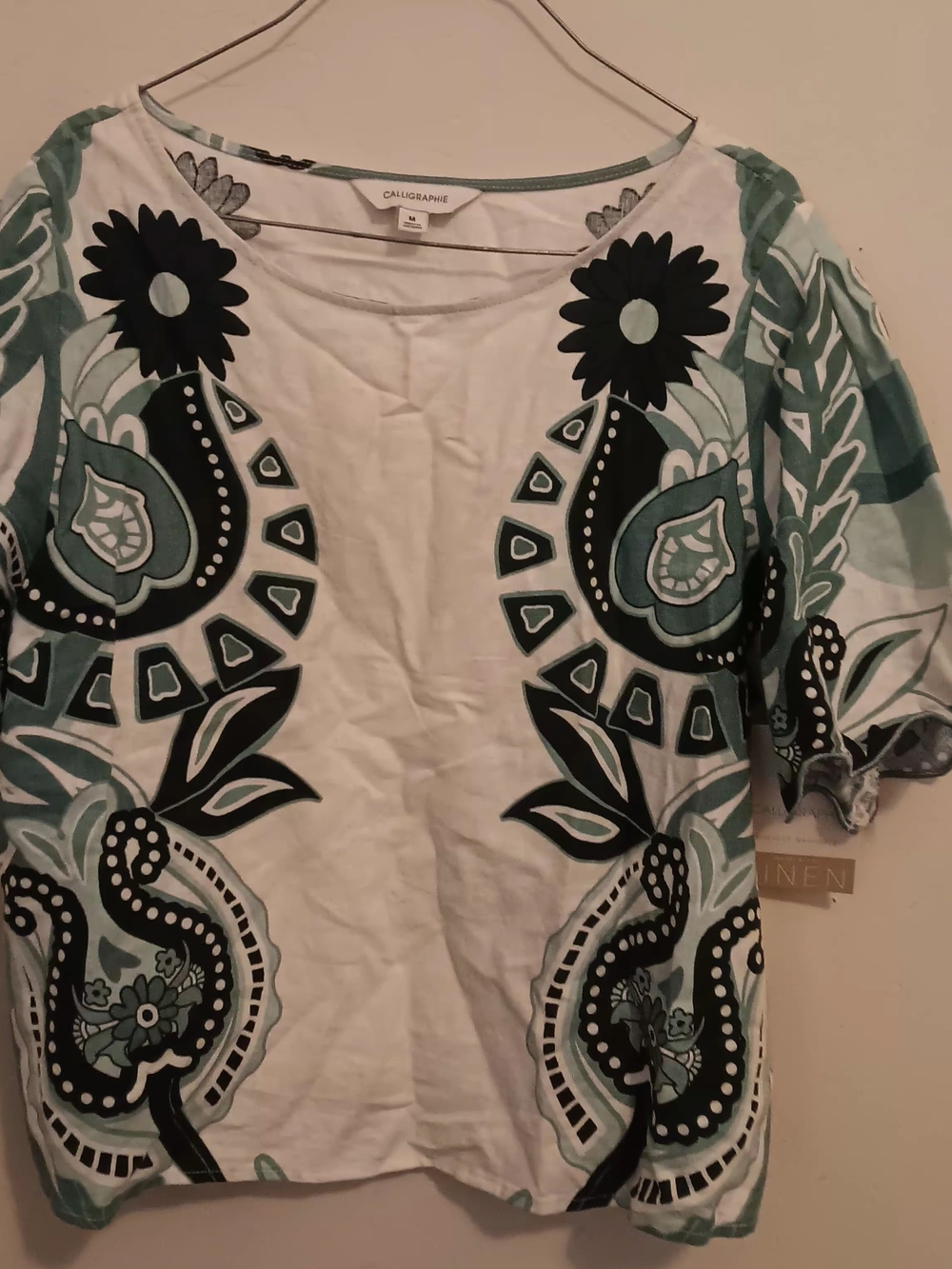 Calligraphie Blouse Women's Sz Medium Cropped Aqua Teal Floral Indie Sleeze NWT